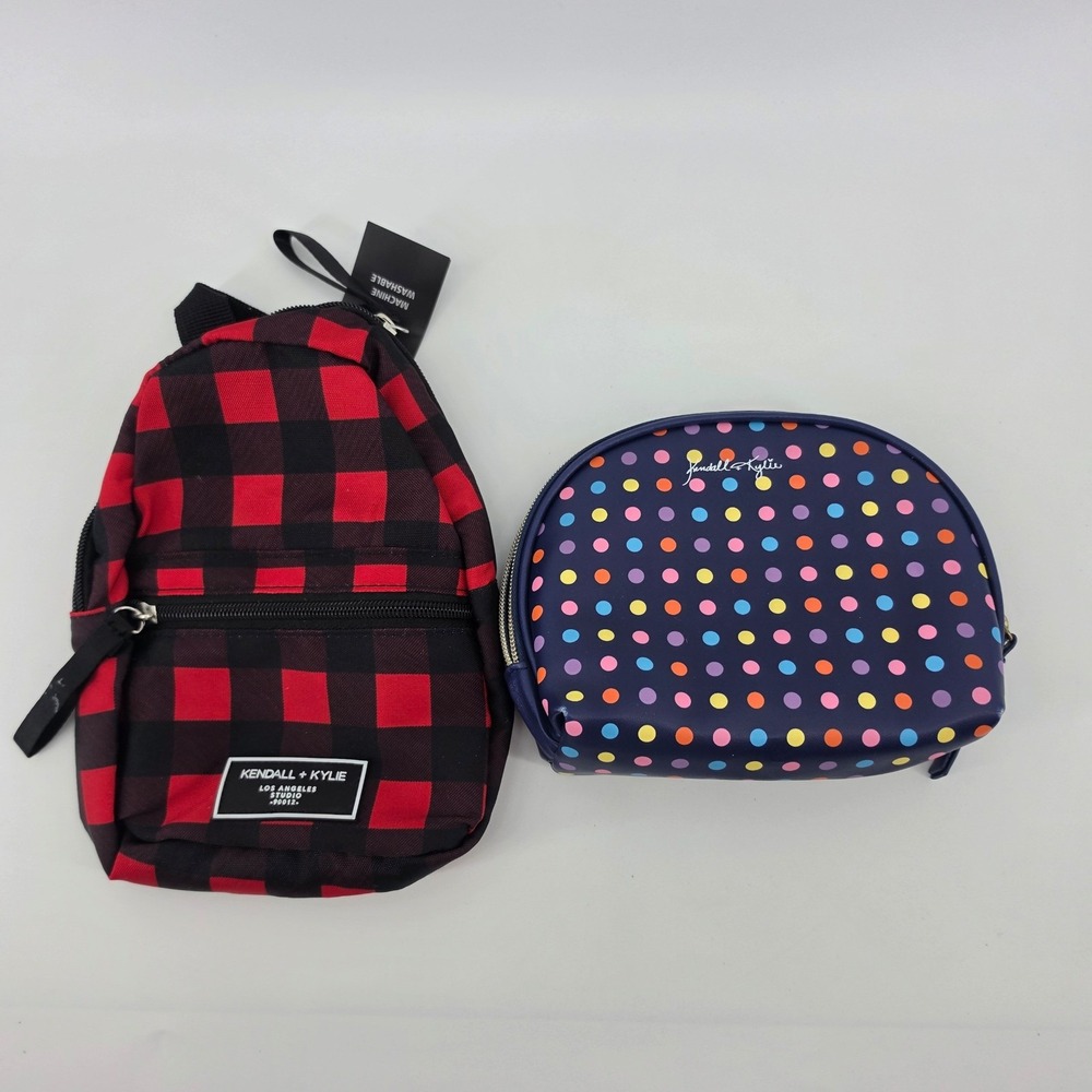 Kendall Kylie Mini Backpack NWT Red Black Plaid Navy Polka Dot Cosmetic Bag
